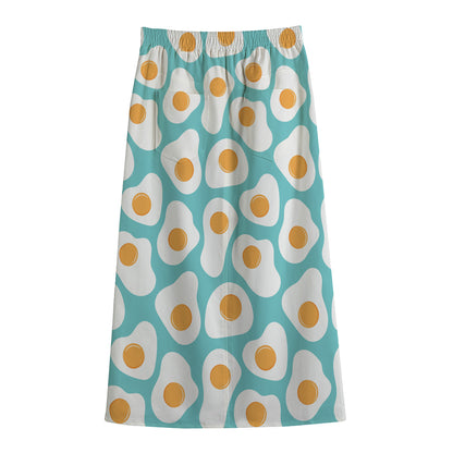 Blue Fried Eggs Pattern Print Cotton Front Slit Maxi Skirt