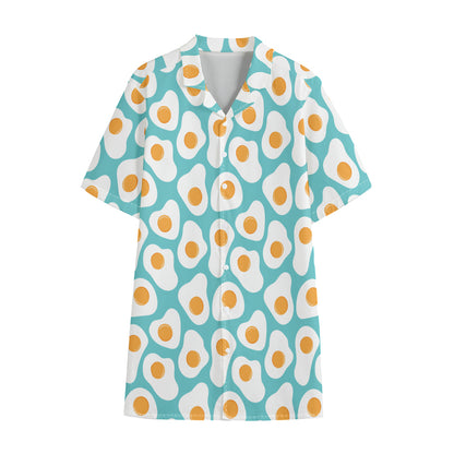 Blue Fried Eggs Pattern Print Cotton Hawaiian Shirt