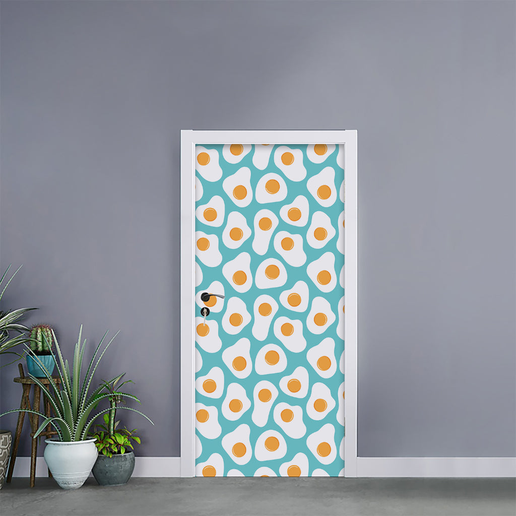 Blue Fried Eggs Pattern Print Door Sticker
