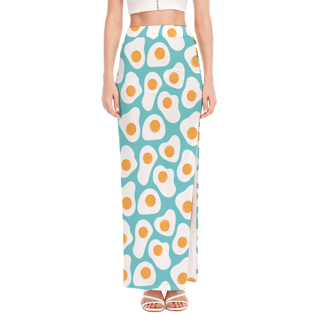 Blue Fried Eggs Pattern Print High Slit Maxi Skirt
