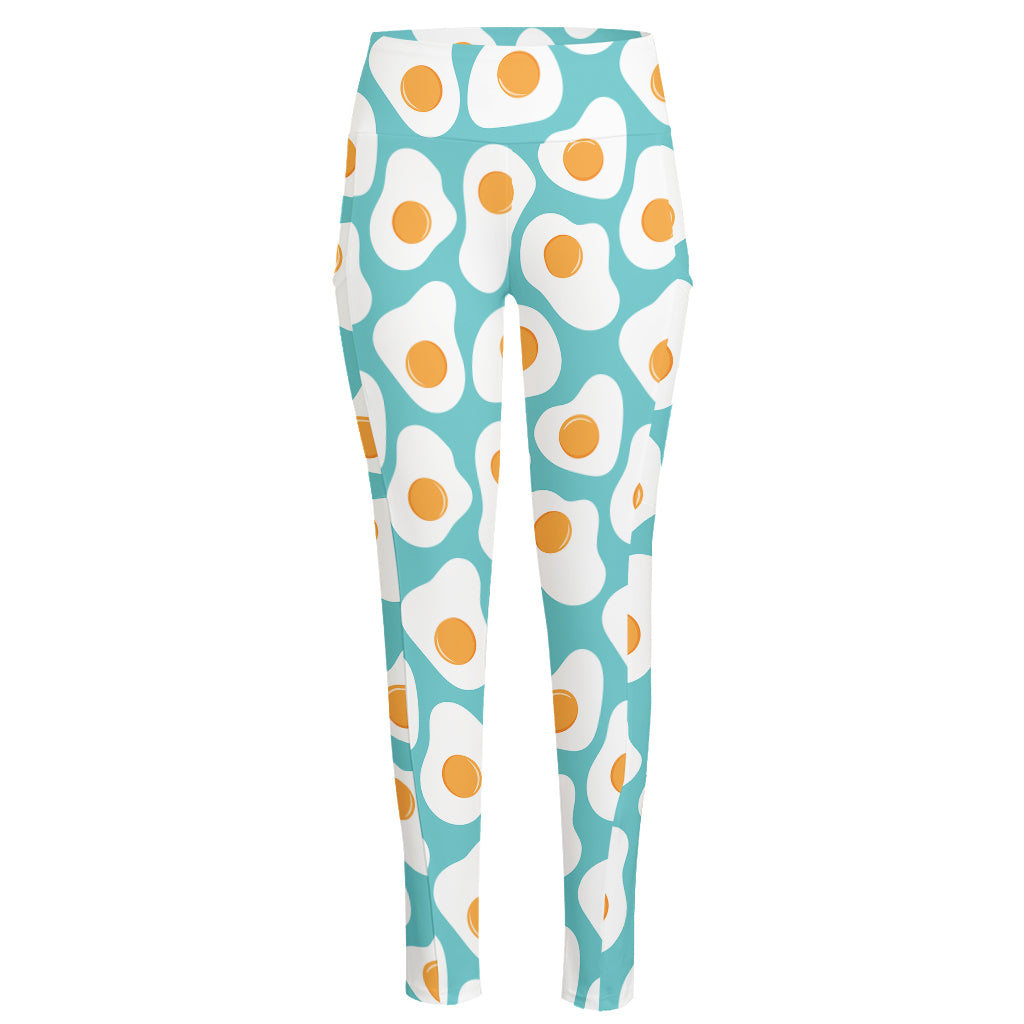 Blue Fried Eggs Pattern Print High-Waisted Pocket Leggings