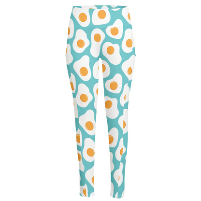Blue Fried Eggs Pattern Print High-Waisted Pocket Leggings