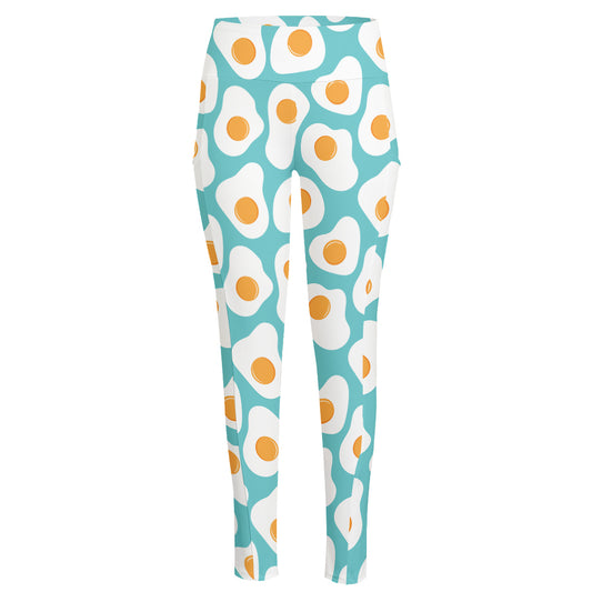 Blue Fried Eggs Pattern Print High-Waisted Pocket Leggings