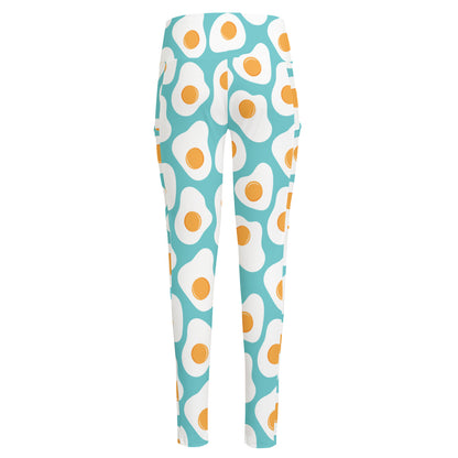 Blue Fried Eggs Pattern Print High-Waisted Pocket Leggings