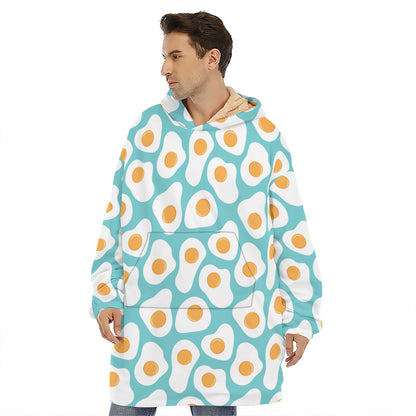Blue Fried Eggs Pattern Print Hoodie Blanket