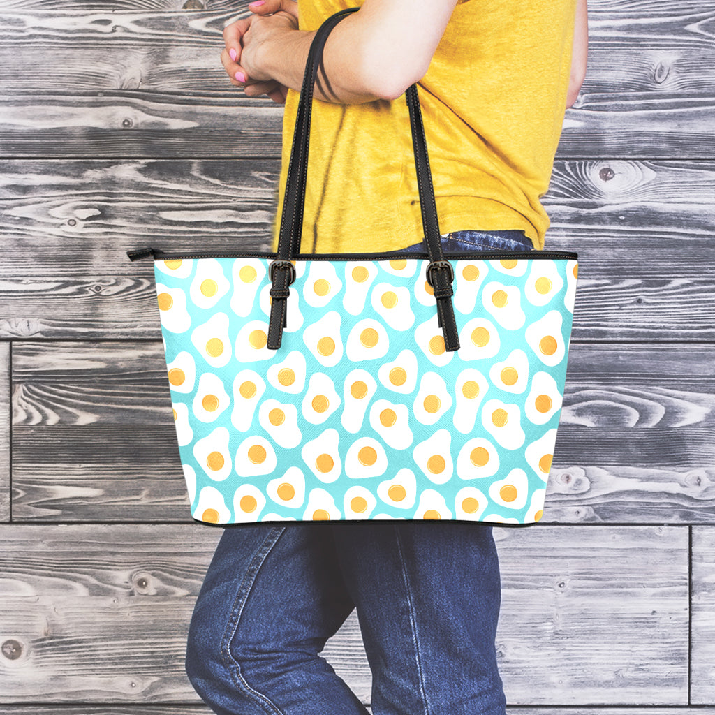 Blue Fried Eggs Pattern Print Leather Tote Bag