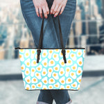 Blue Fried Eggs Pattern Print Leather Tote Bag