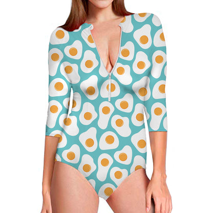 Blue Fried Eggs Pattern Print Long Sleeve Swimsuit
