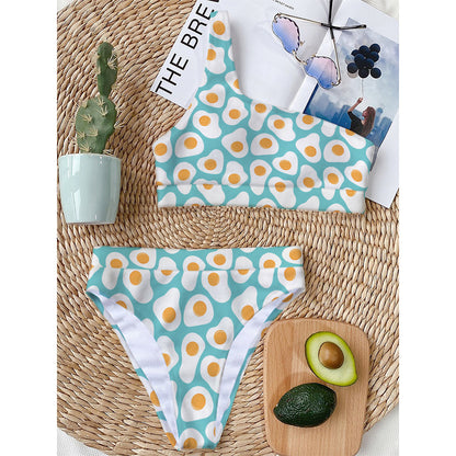 Blue Fried Eggs Pattern Print One Shoulder Bikini Top