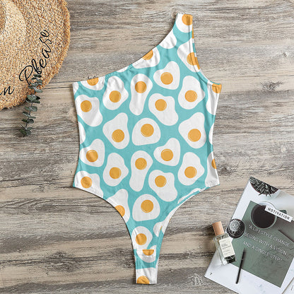 Blue Fried Eggs Pattern Print One Shoulder Bodysuit