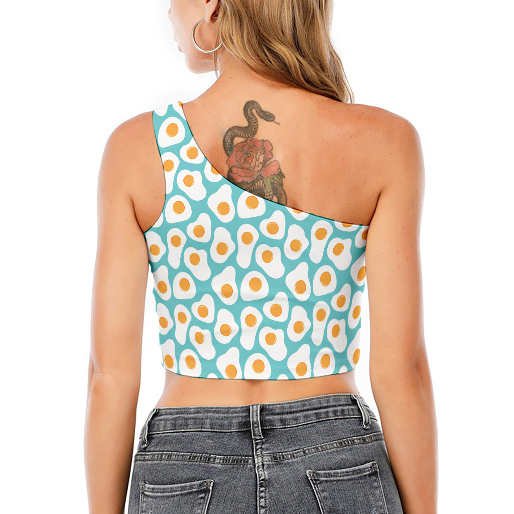 Blue Fried Eggs Pattern Print One Shoulder Crop Top