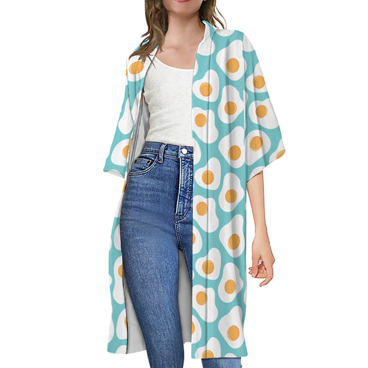 Blue Fried Eggs Pattern Print Open Front Beach Cover Up
