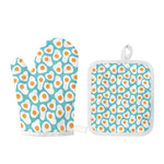 Blue Fried Eggs Pattern Print Oven Mitt And Pot Holder Set