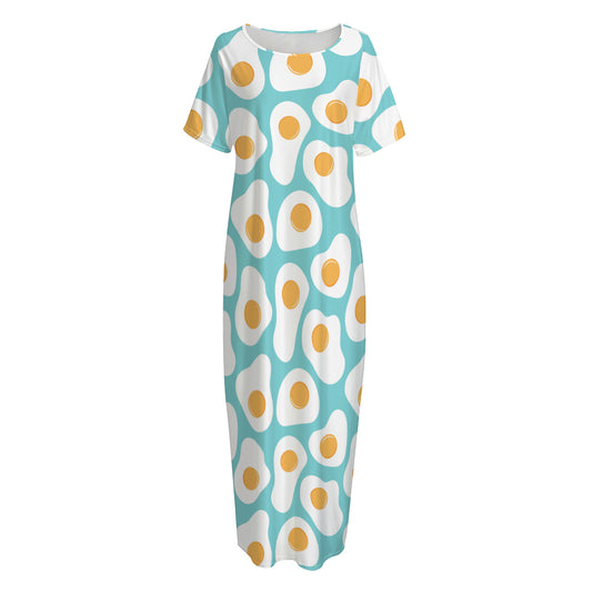Blue Fried Eggs Pattern Print Short Sleeve Long Nightdress
