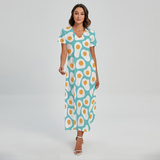 Blue Fried Eggs Pattern Print Short Sleeve Maxi Dress