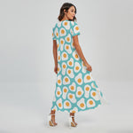 Blue Fried Eggs Pattern Print Short Sleeve Maxi Dress