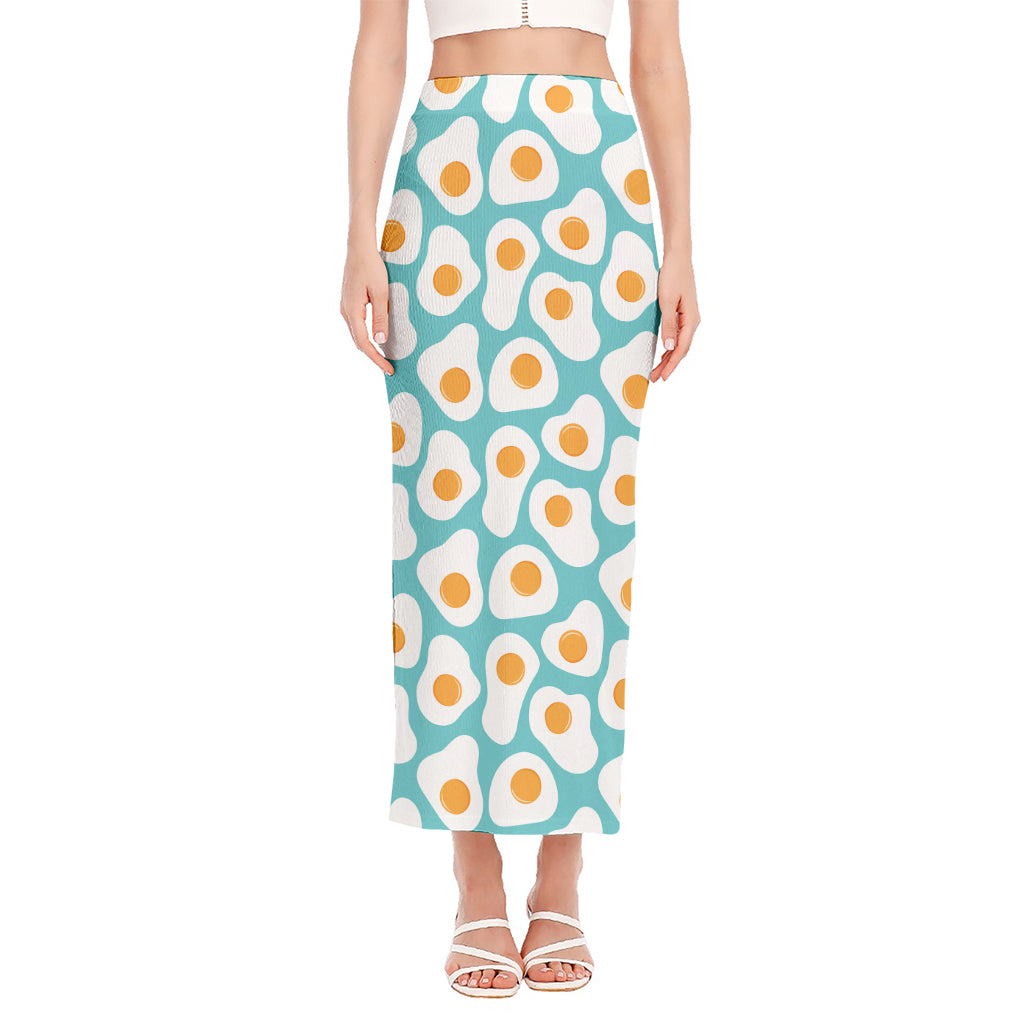 Blue Fried Eggs Pattern Print Side Slit Maxi Skirt