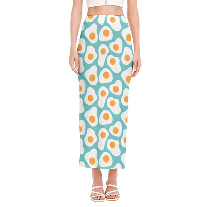 Blue Fried Eggs Pattern Print Side Slit Maxi Skirt