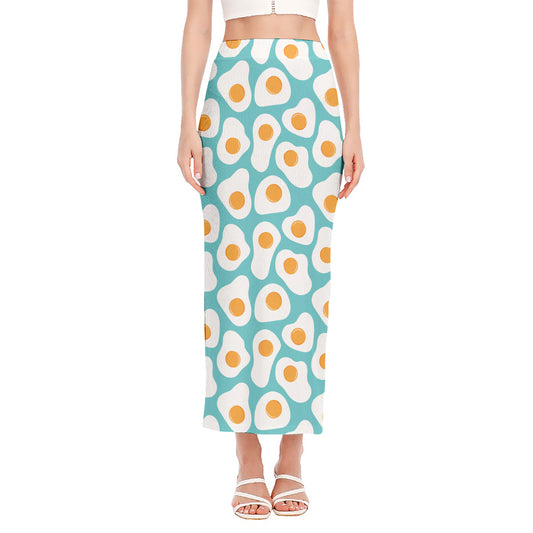 Blue Fried Eggs Pattern Print Side Slit Maxi Skirt