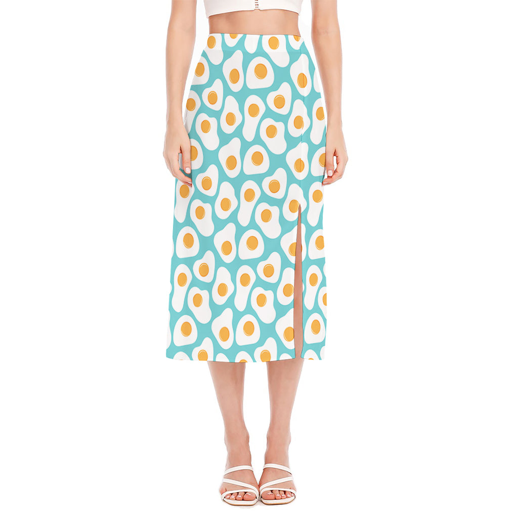 Blue Fried Eggs Pattern Print Side Slit Midi Skirt
