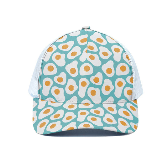 Blue Fried Eggs Pattern Print White Mesh Trucker Cap