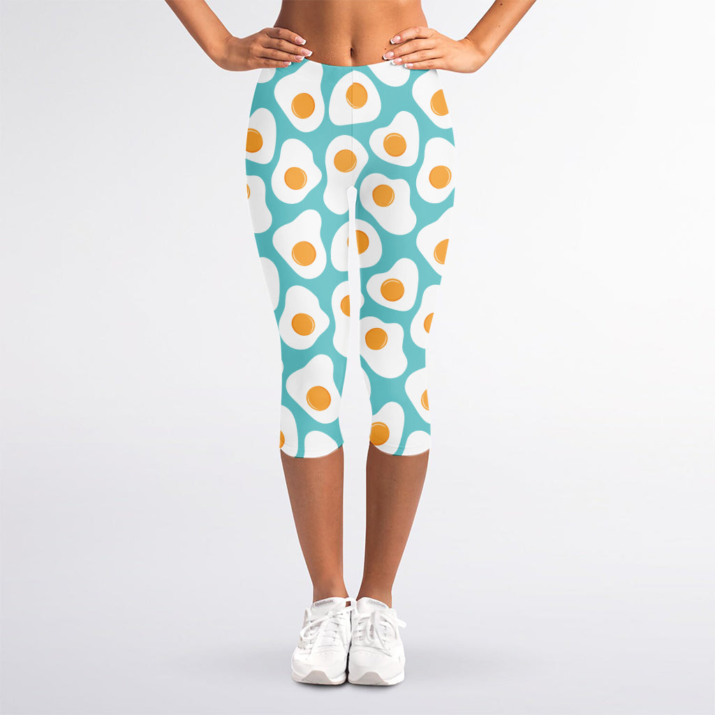 Blue Fried Eggs Pattern Print Women's Capri Leggings