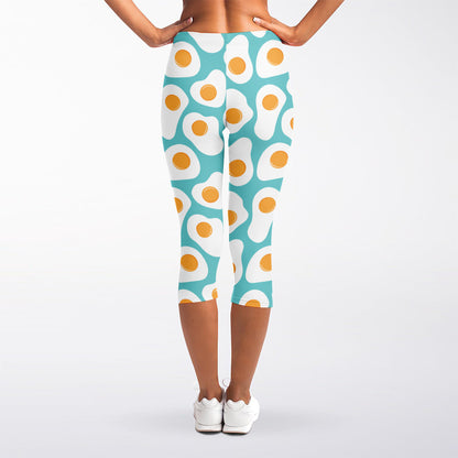 Blue Fried Eggs Pattern Print Women's Capri Leggings