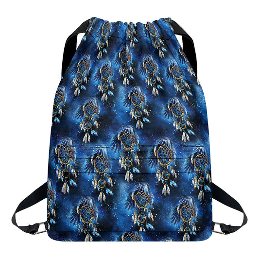 Blue Galaxy Dream Catcher Pattern Print Drawstring Backpack