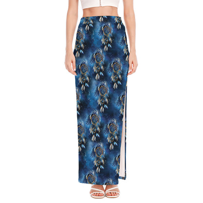 Blue Galaxy Dream Catcher Pattern Print High Slit Maxi Skirt