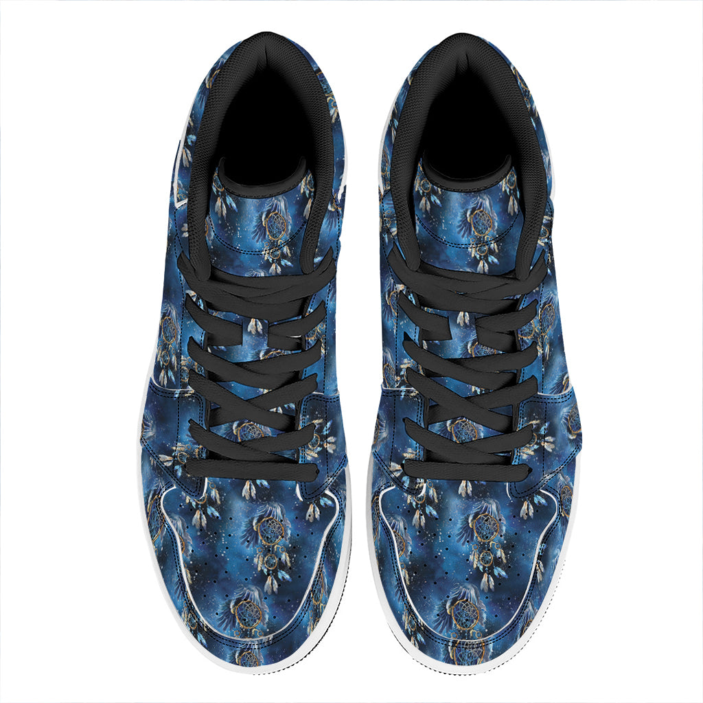 Blue Galaxy Dream Catcher Pattern Print High Top Leather Sneakers