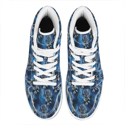 Blue Galaxy Dream Catcher Pattern Print High Top Leather Sneakers