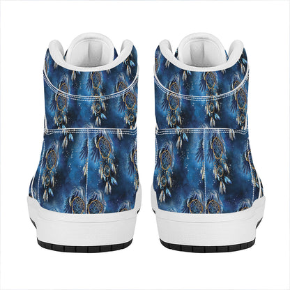 Blue Galaxy Dream Catcher Pattern Print High Top Leather Sneakers