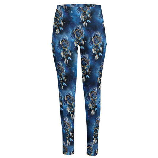 Blue Galaxy Dream Catcher Pattern Print High-Waisted Pocket Leggings