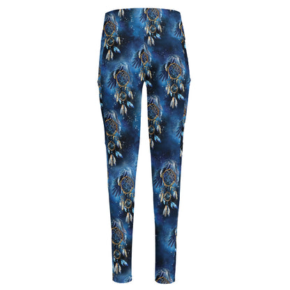 Blue Galaxy Dream Catcher Pattern Print High-Waisted Pocket Leggings