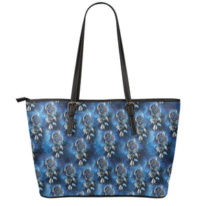 Blue Galaxy Dream Catcher Pattern Print Leather Tote Bag