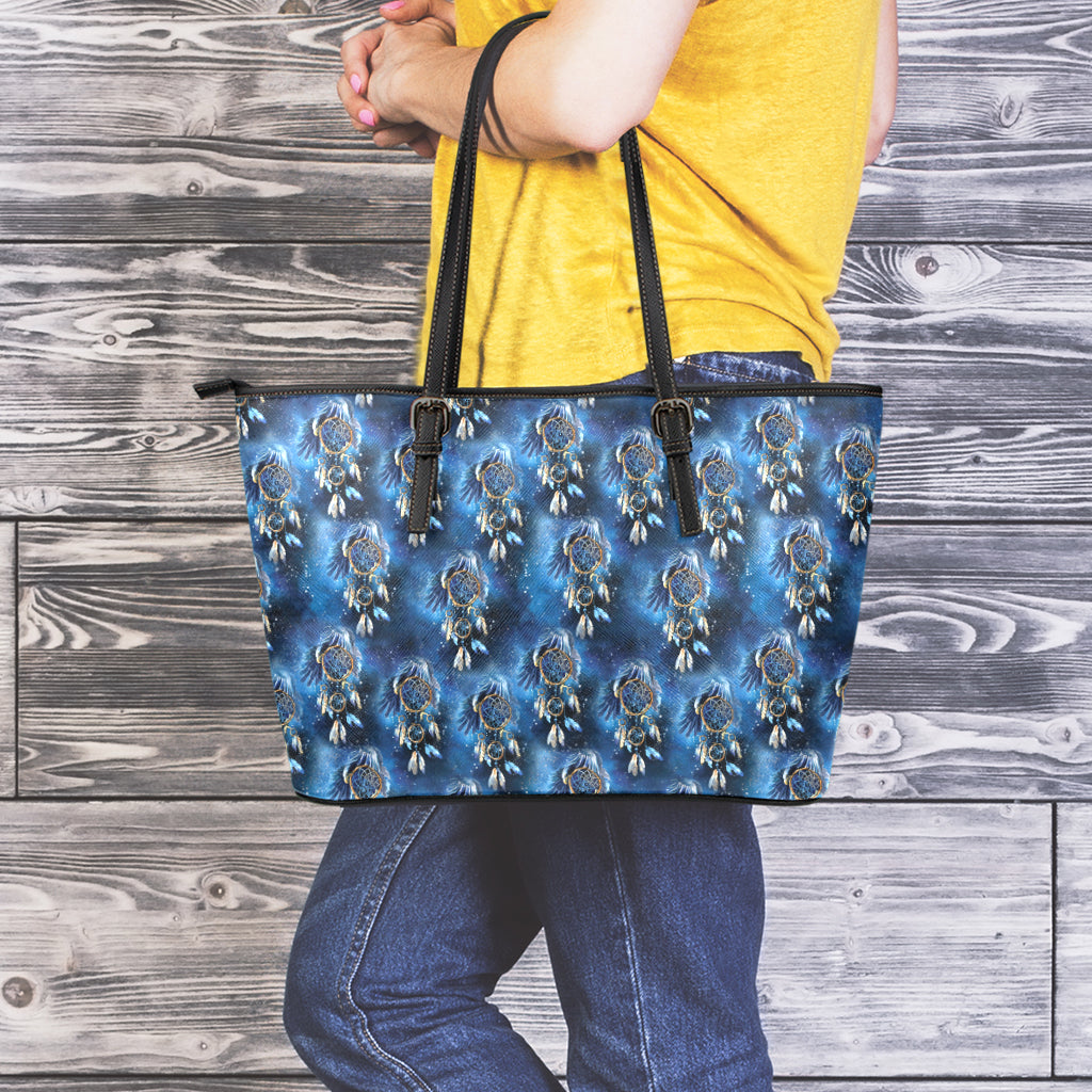 Blue Galaxy Dream Catcher Pattern Print Leather Tote Bag