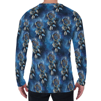 Blue Galaxy Dream Catcher Pattern Print Men's Long Sleeve T-Shirt