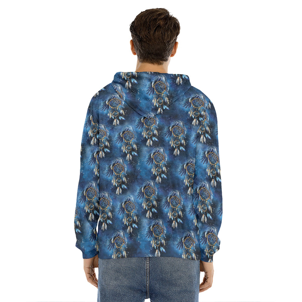 Blue Galaxy Dream Catcher Pattern Print Men's Velvet Pullover Hoodie