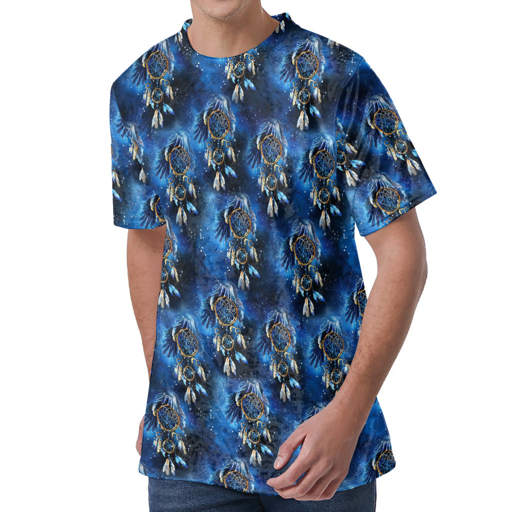 Blue Galaxy Dream Catcher Pattern Print Men's Velvet T-Shirt