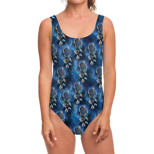 Blue Galaxy Dream Catcher Pattern Print One Piece Swimsuit