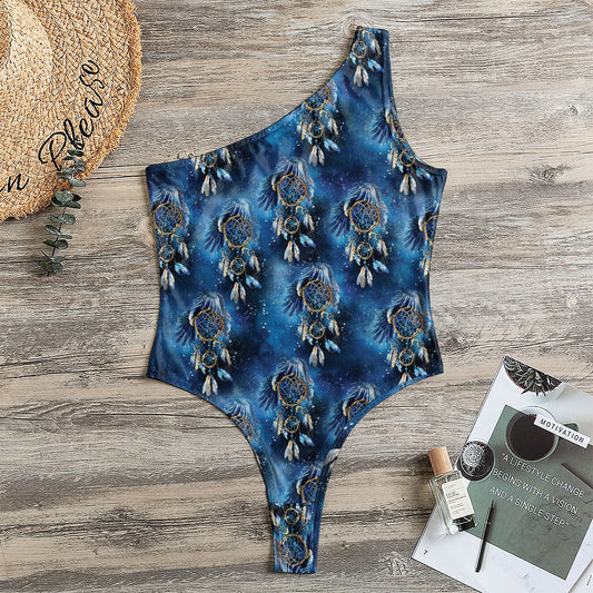 Blue Galaxy Dream Catcher Pattern Print One Shoulder Bodysuit