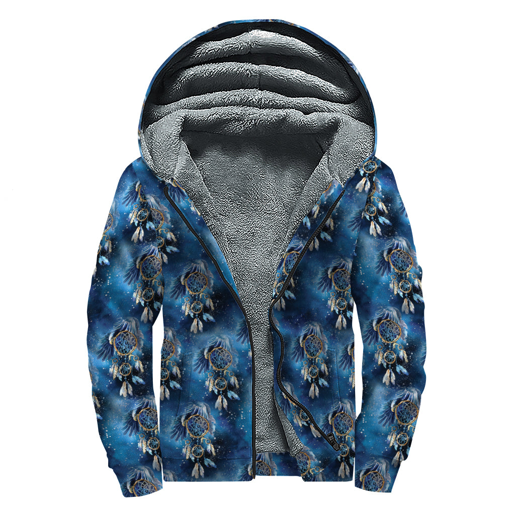 Blue Galaxy Dream Catcher Pattern Print Sherpa Lined Zip Up Hoodie