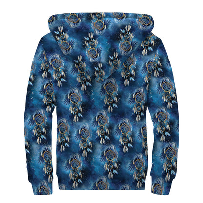 Blue Galaxy Dream Catcher Pattern Print Sherpa Lined Zip Up Hoodie