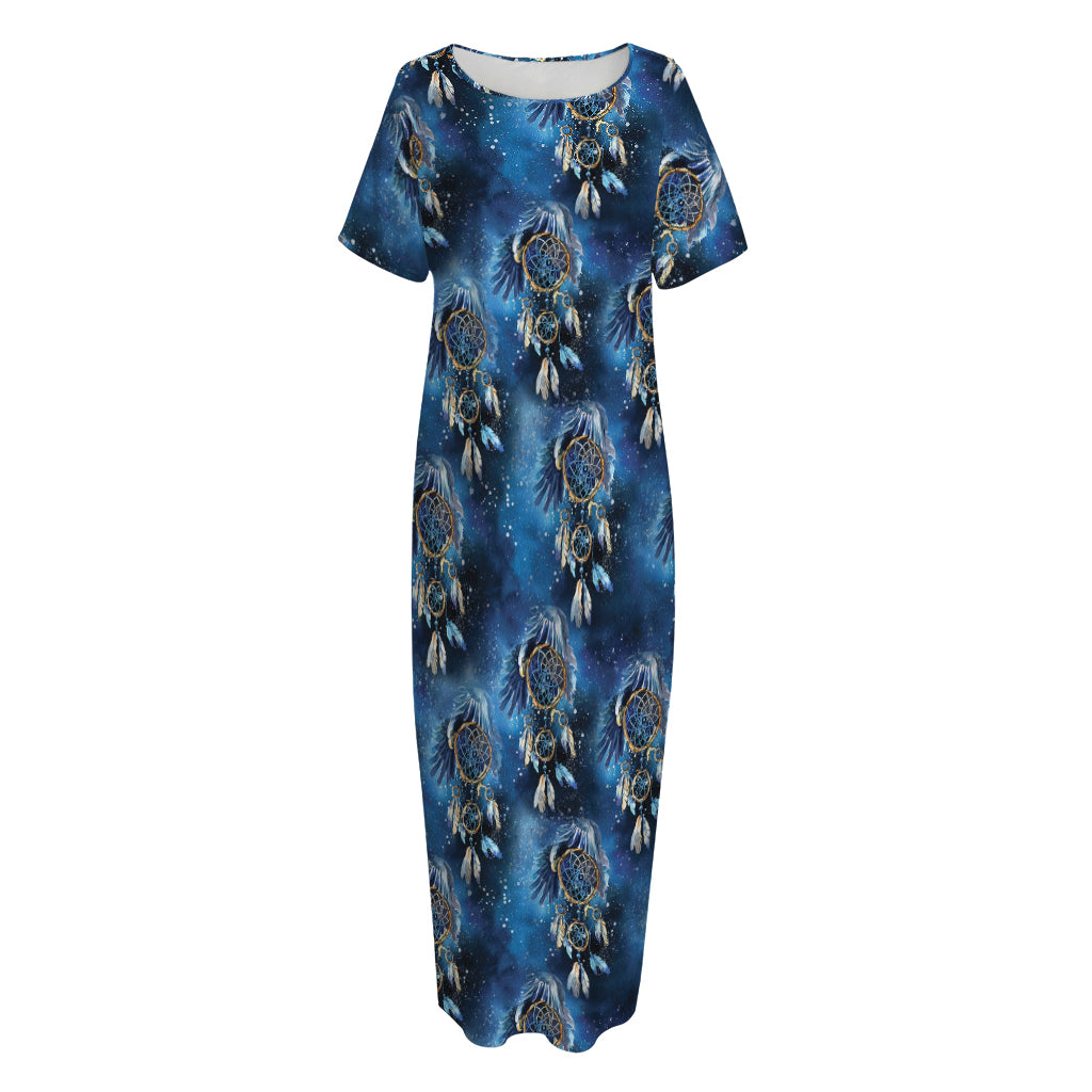Blue Galaxy Dream Catcher Pattern Print Short Sleeve Long Nightdress