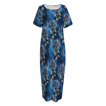 Blue Galaxy Dream Catcher Pattern Print Short Sleeve Long Nightdress