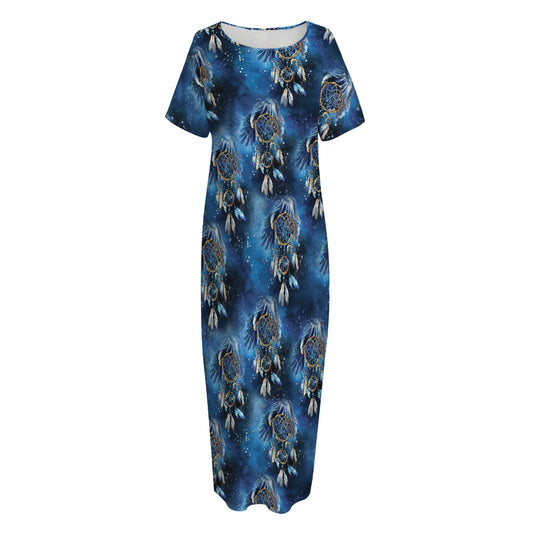 Blue Galaxy Dream Catcher Pattern Print Short Sleeve Long Nightdress