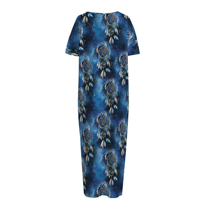 Blue Galaxy Dream Catcher Pattern Print Short Sleeve Long Nightdress