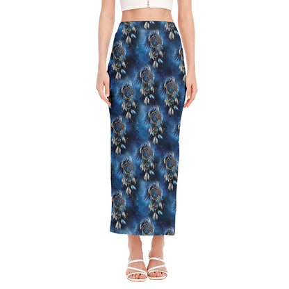 Blue Galaxy Dream Catcher Pattern Print Side Slit Maxi Skirt