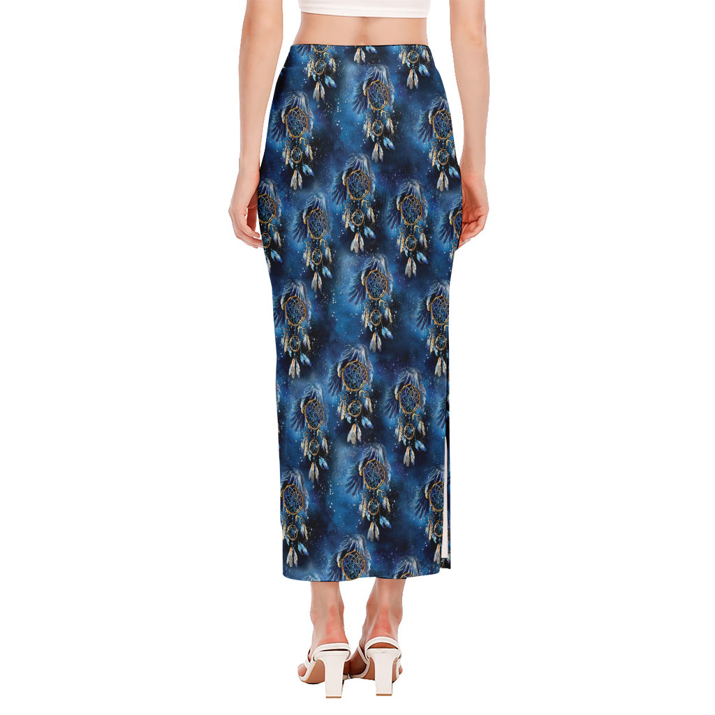 Blue Galaxy Dream Catcher Pattern Print Side Slit Maxi Skirt