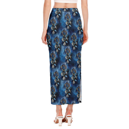 Blue Galaxy Dream Catcher Pattern Print Side Slit Maxi Skirt